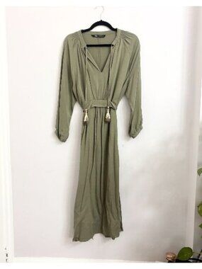 NWOT Green Zara Long Bohemian Adjustable Waist Long Sleeve Midi Dress - XS
